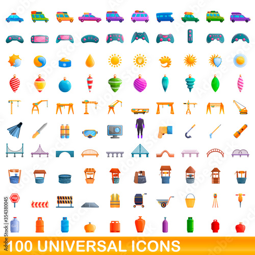 100 universal icons set. Cartoon illustration of 100 universal icons vector set isolated on white background