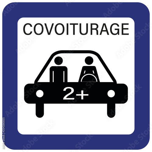 panneau autorisant le covoiturage avec plus de 2 personnes représentant une voiture en noire dans un carré bleu sur un fond blanc