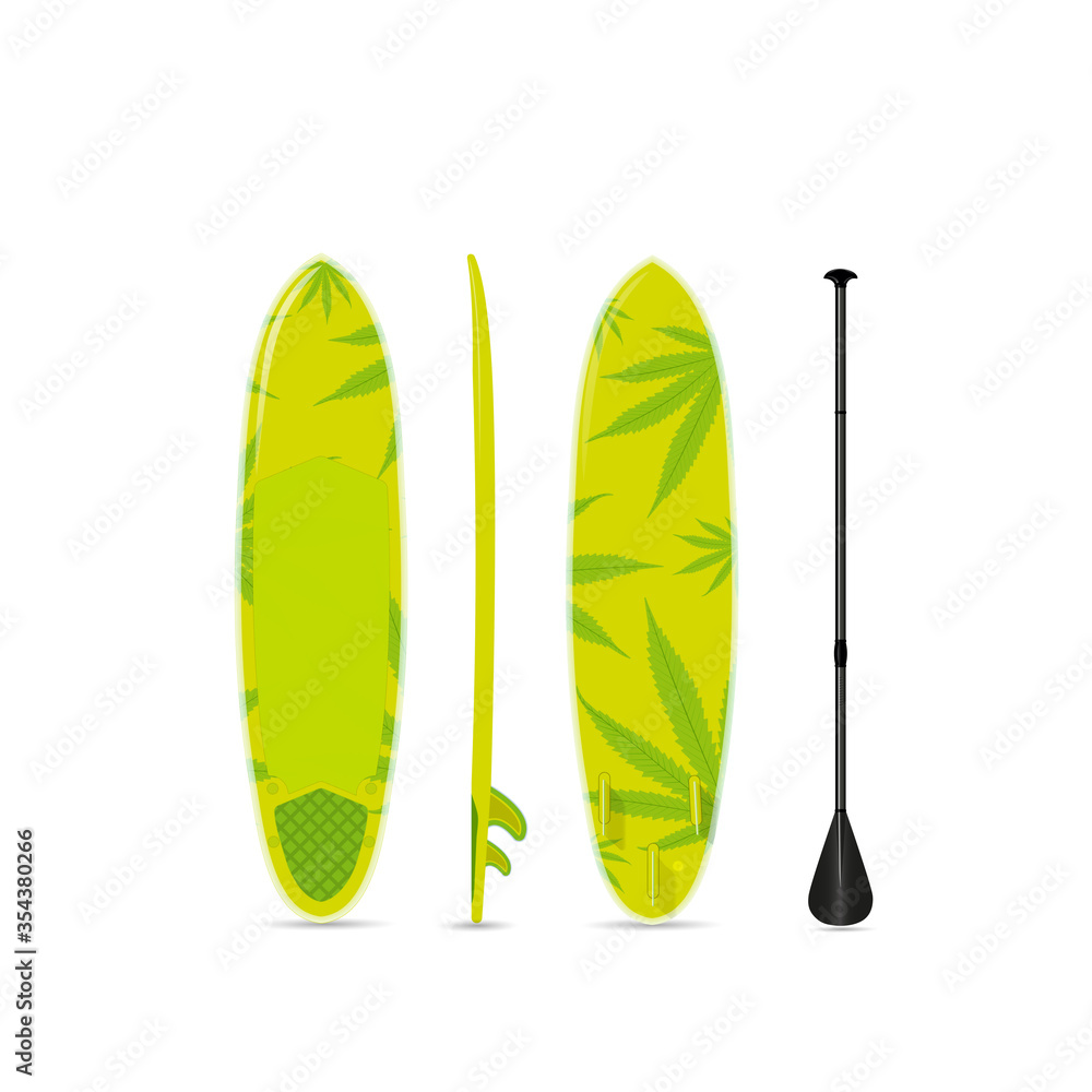 Vector green surf sup board with a pattern of marijuana. three sides. Vector green surf sup board with a pattern of marijuana. three sides.