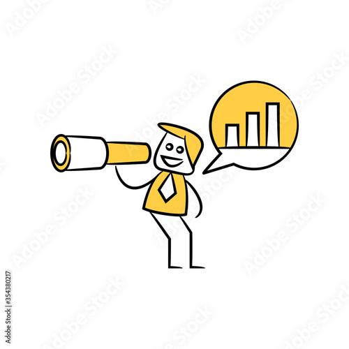 business people using binocular to view data chart yellow stick figure theme