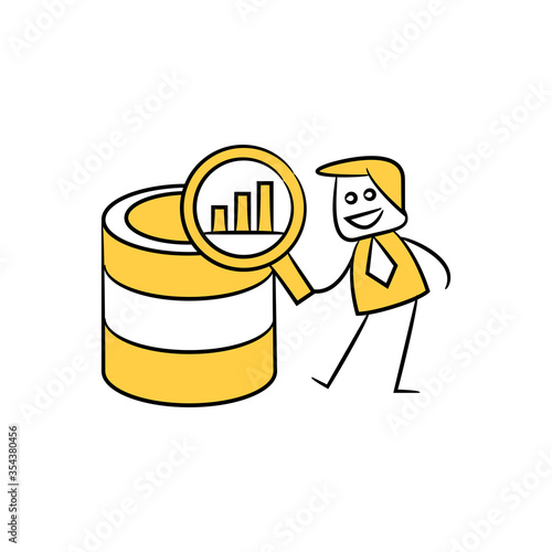 businessman using magnifier glass analytics server data yellow stick figure theme