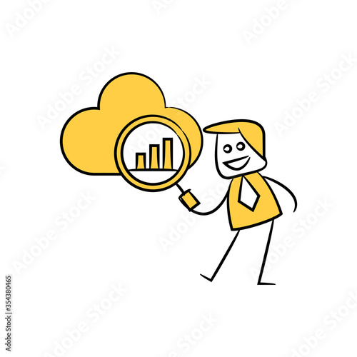 businessman using magnifier glass analytics cloud data yellow stick figure theme