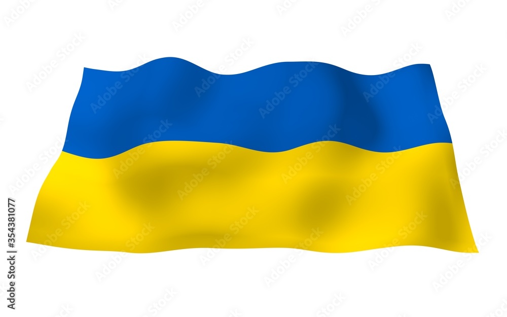 The flag of Ukraine on a white background. National flag and state ensign. Blue and yellow bicolour. 3D illustration waving flag The flag of Ukraine on a white background. National flag and state ensign. Blue and yellow bicolour. 3D illustration waving flag