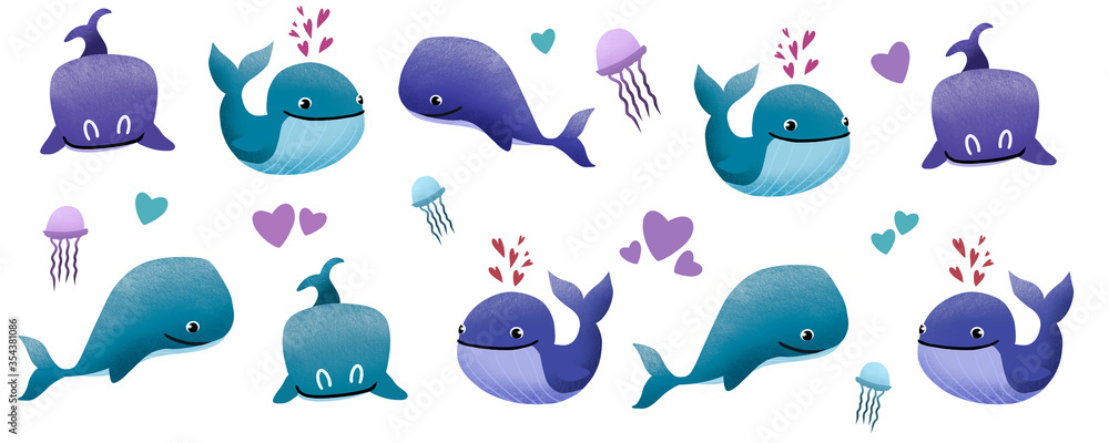 Whale and jellyfish, sea, illustration, minimal art Whale and jellyfish, sea, illustration, minimal art