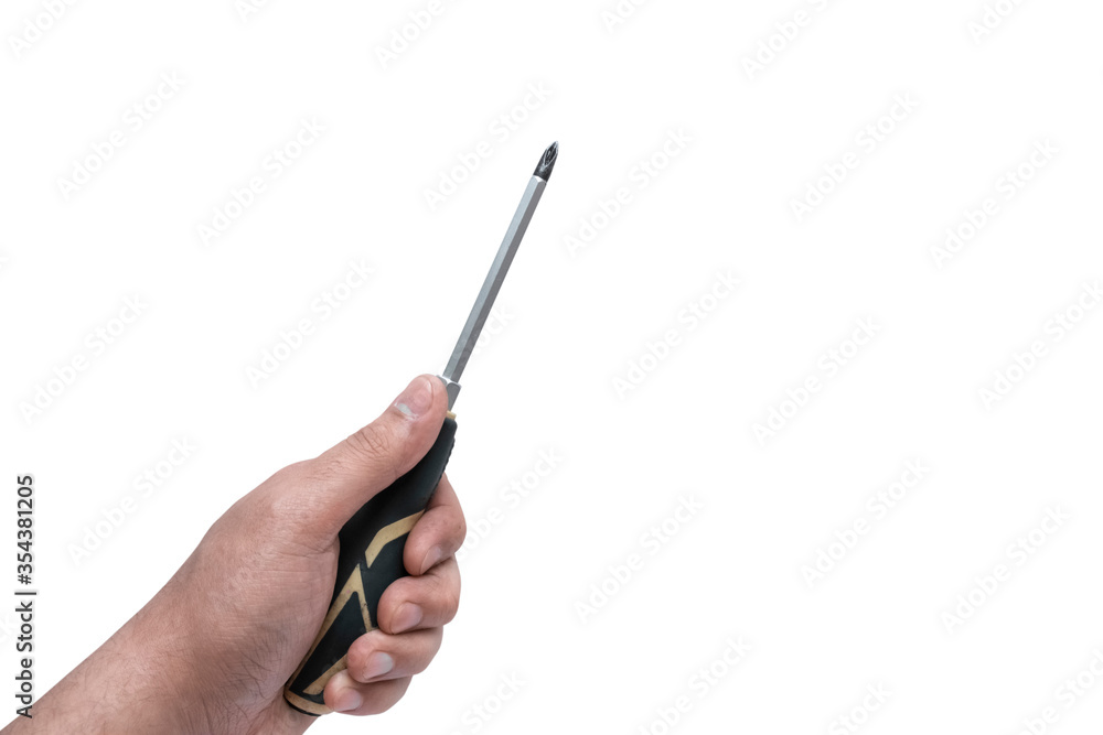 Hand holding cross head screwdriver on white backdrop. Automotive industry. Repair service concept. Hand holding cross head screwdriver on white backdrop. Automotive industry. Repair service concept.