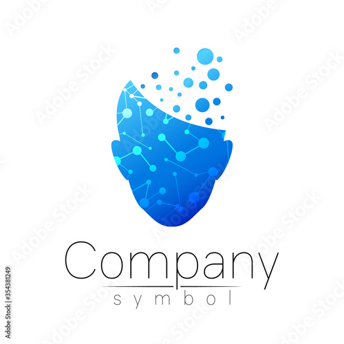 Vector symbol of human head. Person face. Blue color isolated on white. Concept sign for business, science, psychology, medicine, technology. Creative sign design Man silhouette. Modern logo
