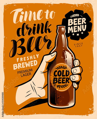 Beer advertising retro poster. Pub, brewery, restaurant vector illustration