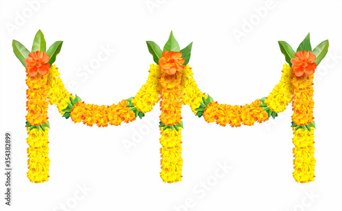 Indian traditional, floral festive garland (toran) with zendu flowers (marigold) and mango leaves isolated on white. Vector illustration.