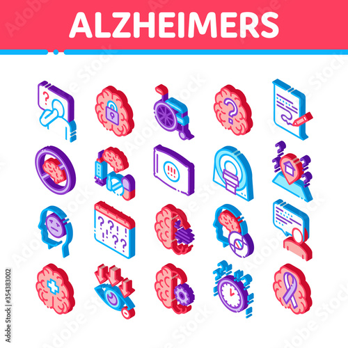 Alzheimers Disease Icons Set Vector. Isometric Brain And Drugs, Wheelchair And Man Silhouette With Alzheimers Illness Illustrations