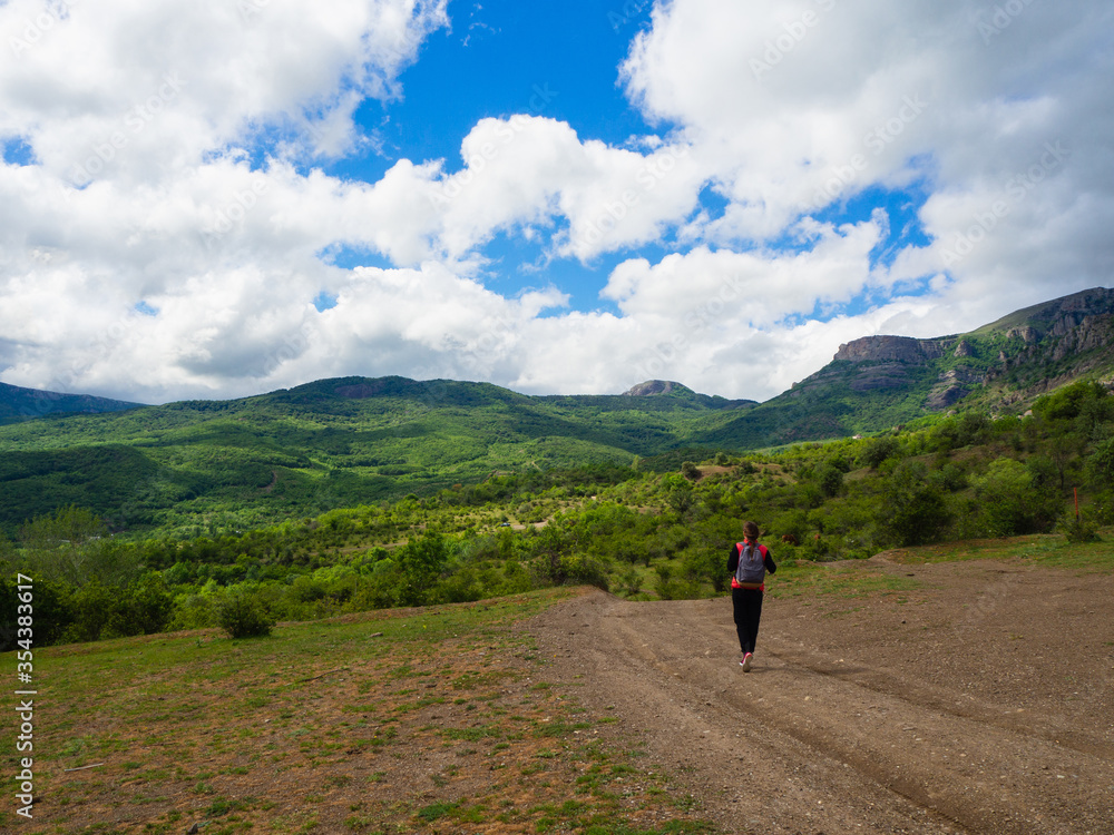 A young girl in a red tank top with a gray backpack in the mountains with green trees and clouds.