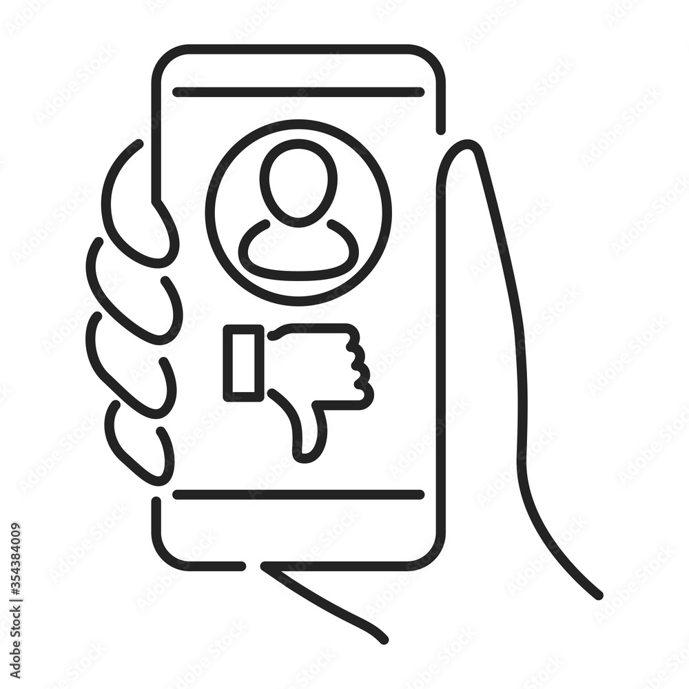 Fototapeta premium Cyberbullying victim hand holding smartphone black line icon. Abuse, internet, hate concept. Social media insult. Isolated vector element. Outline pictogram for web page, mobile app, promo.