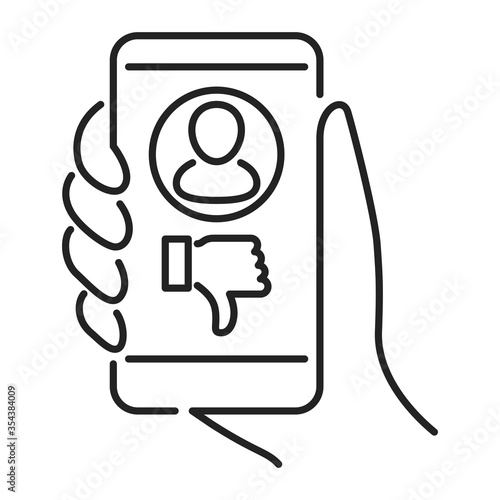 Cyberbullying victim hand holding smartphone black line icon. Abuse, internet, hate concept. Social media insult. Isolated vector element. Outline pictogram for web page, mobile app, promo.