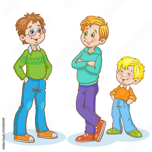 Three boys of different ages are standing and talking. In cartoon style. Isolated on white background. Vector illustration.