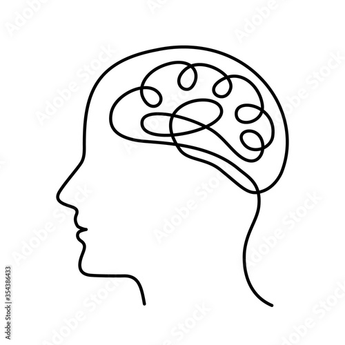 continuous stylized modern drawing of a human head and brain. flat vector linear illustration on a white background.