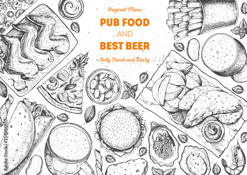 Pub food frame vector illustration. Beer, meat, french fries, fast food and snacks hand drawn. Food set for pub design top view. Vintage engraved illustration for beer restaurant.