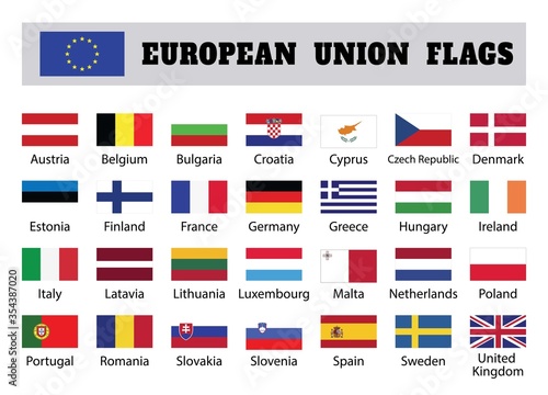 European union big set flags, twenty eight, 28 EU member countries, political and economic union in 2017, single market and free movement. Vector flat style