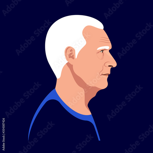 Aged man profile portrait on dark blue background. Vector Illustration.
