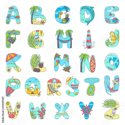 Hand drawn abstract alphabet on the theme of summer holidays at the sea