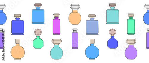 Seamless pattern with perfume bottles on a white background. Colorful hand-drawn illustration. Ideal as a border for fabric and printing.