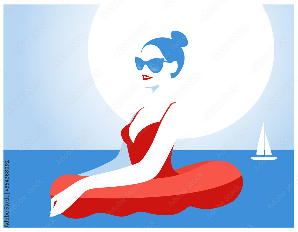 custom made wallpaper toronto digitalA happy woman in a red bathing suit floating in a sea with a round swim ring. Summer time. Vector illustration.