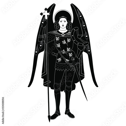 Isolated vector illustration. Archangel Michael. Winged Christian angel saint warrior guardian. Black and white silhouette. Vintage style.