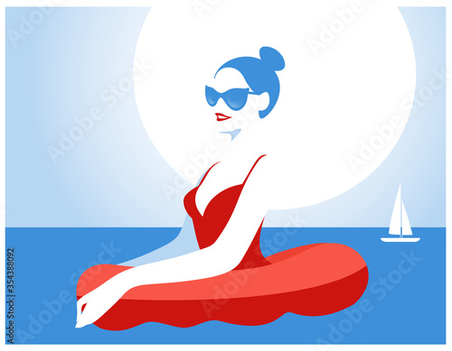 A happy woman in a red bathing suit floating in a sea with a round swim ring. Summer time. Vector illustration.
