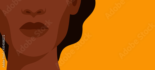 The face of a young strong African woman on yellow background. Concept of fighting for equality and female empowerment movement. Vector horizontal banner.