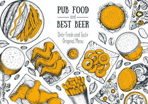 Pub food and beer vector illustration. Beer, meat, fast food and snacks hand drawn. Food set for pub menu design, top view. Vintage engraved illustration for beer restaurant.
