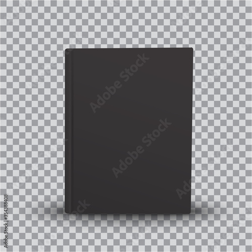3d Blank book template with black cover on transparent background, front view. Realistic Mock Up of books, vector