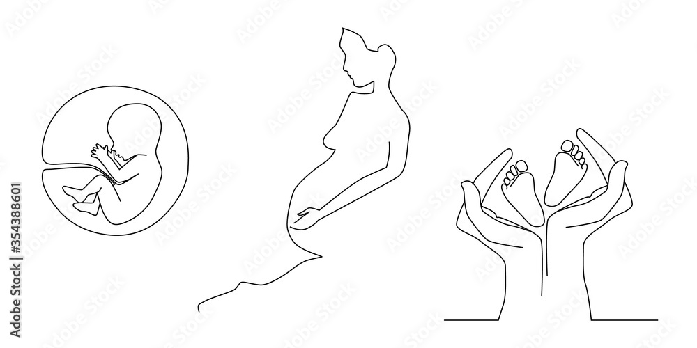 Pregnancy women, baby legs. Line illustrations. Mommy soon. Congratulation. Its a girl. Vector, poster.