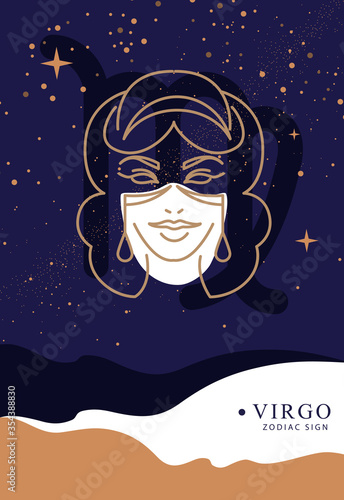 Modern magic witchcraft card with astrology Virgo zodiac sign. Woman head logo design