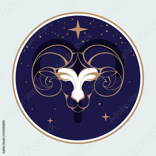 Modern magic witchcraft card with astrology Aries zodiac sign. Ram or mouflon head logo design