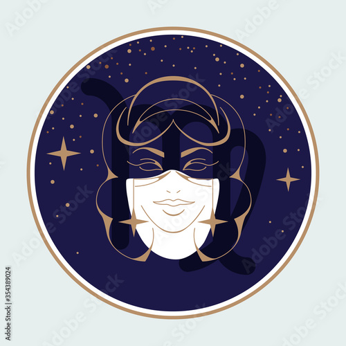 Modern magic witchcraft card with astrology Virgo zodiac sign. Woman head logo design