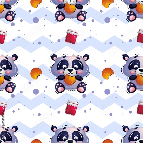 Cute hungry panda bear sits and eats cookies. Vector seamless pattern in the style of cartoon