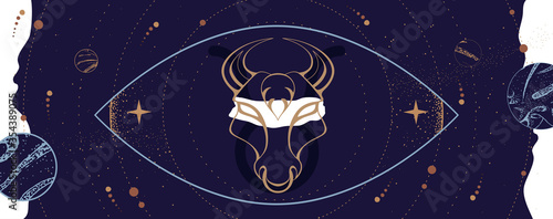 Modern magic witchcraft card with astrology Taurus zodiac sign.  Bull head logo design