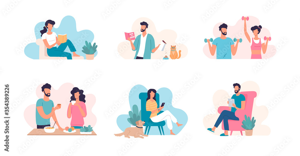 Young people spend time at home vector illustration set