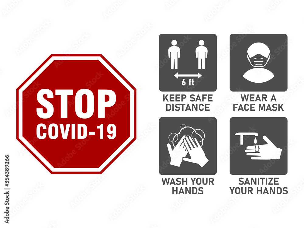 Simple Set of Instruction Icons against the Spread of the Coronavirus Covid-19, including Keep Safe Distance 6 Feet, Wear a Face Mask, Wash Your Hands and Sanitize Your Hands. Vector Image.