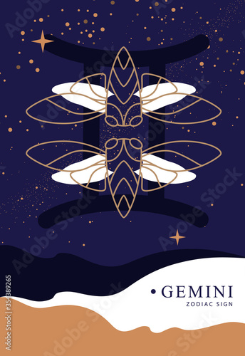 Modern magic witchcraft card with astrology Gemini zodiac sign. Butterfly or cicada illustration
