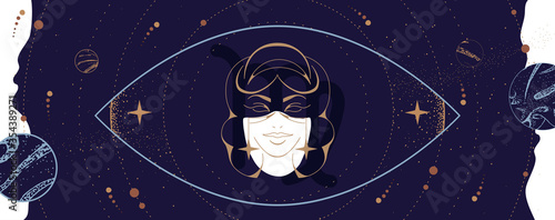 Modern magic witchcraft card with astrology Virgo zodiac sign. Woman head logo design