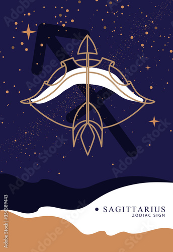 Modern magic witchcraft card with astrology Sagittarius zodiac sign. Bow and arrow illustration