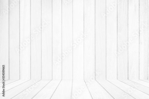 The empty white wooden floor over plank wooden background.  can be used for montage or display your products