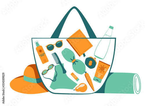 Things that are needed on the beach in summer, at a  resort, on vacation. Beach bag, sunscreen, hat, swimsuit, glasses, towel. Set for Girl, Woman. Vector illustration in flat on white background.