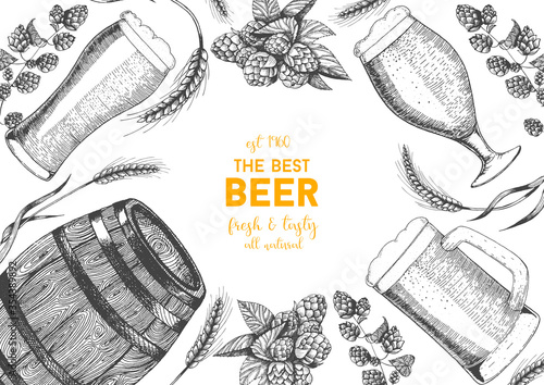 Brewing illustration. Hops and beer hand drawn sketch. Hops and malt, beer glasses and barrel.