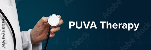 PUVA Therapy. Doctor in smock holds stethoscope. The word PUVA Therapy is next to it. Symbol of medicine, illness, health photo