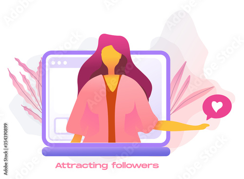 Cartoon icon with attracting followers - social media blogger earnings marketing business