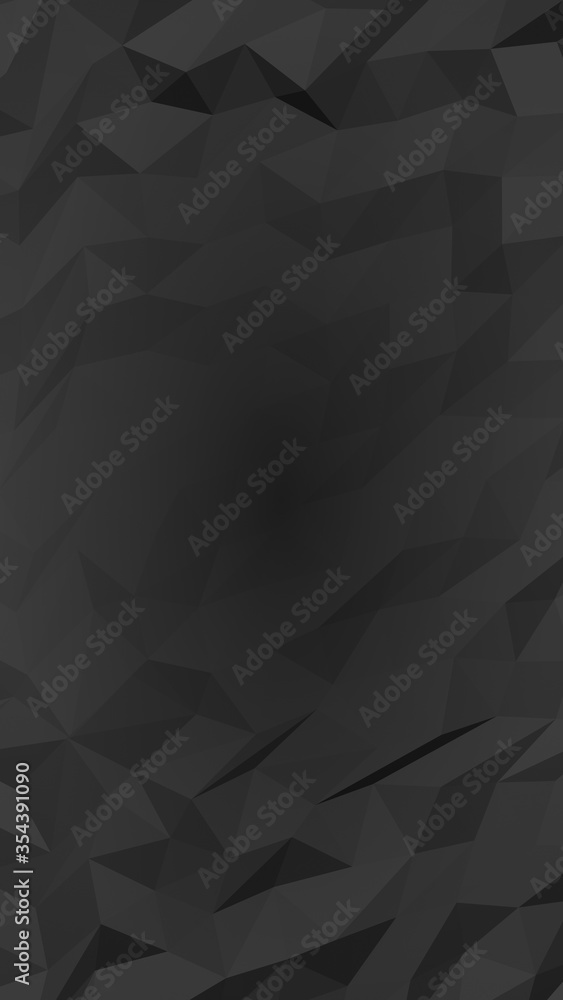 Black abstract background. Lowpoly backdrop. Gloomy crumpled paper. Vertical orientation. 3D illustration