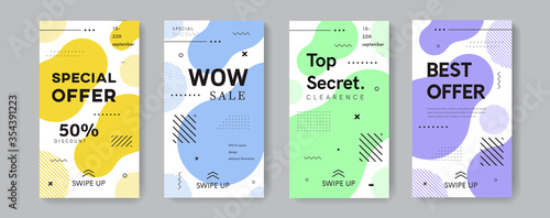 Trendy stories template. Design for social media. Geometric sale promo banners for phone application.