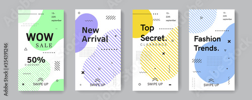 Trendy stories template. Design for social media. Geometric sale promo banners for phone application.