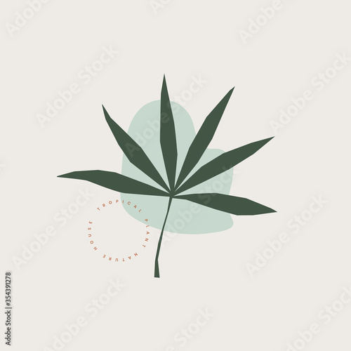 Exotic leaf and freehand shapes composition in pastel colors. Minimalistic botanical image for ecological design. Organic abstract emblem on a light background. Vector illustration.