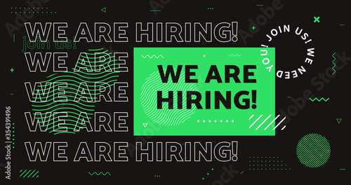 We are hiring vector banner. Join us now background with geometic shapes. Job Vacancy vector card. Open Recruitment.